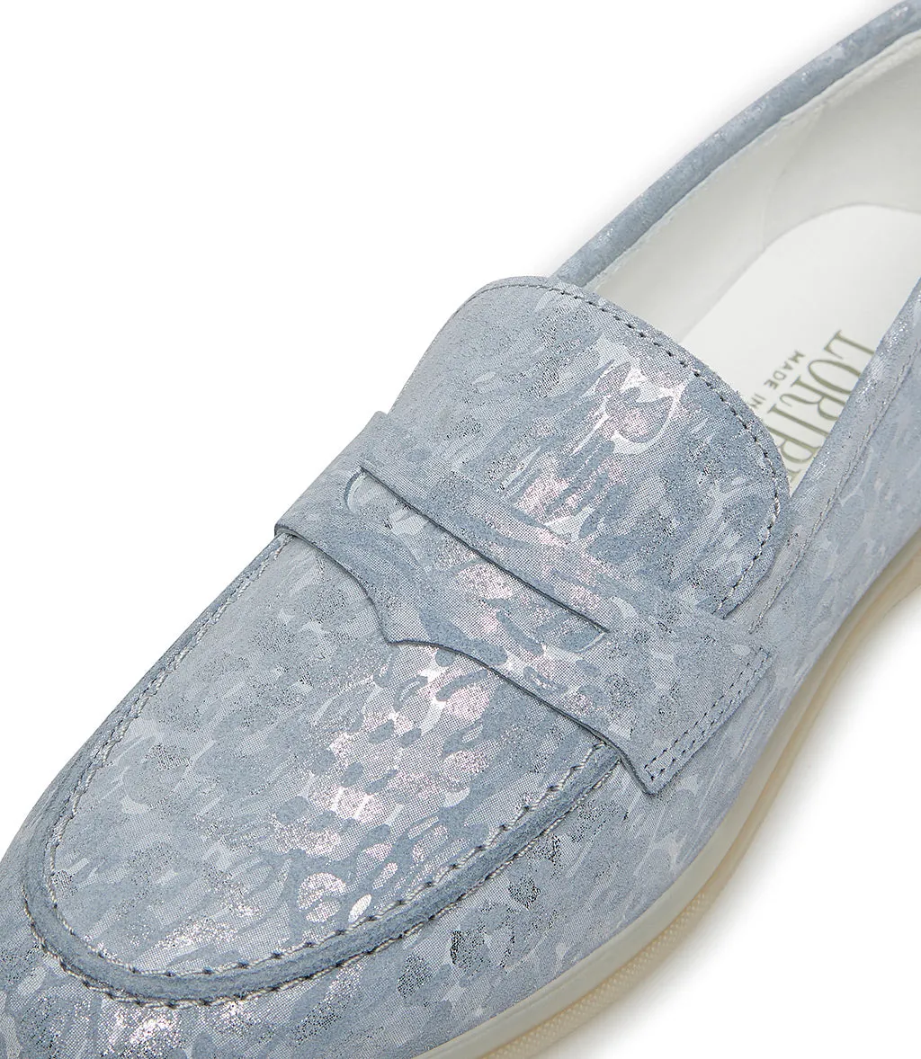 Wisteria and silver embossed suede loafers