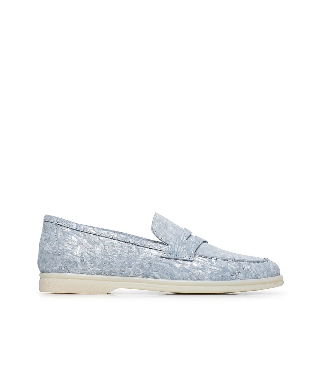 Wisteria and silver embossed suede loafers