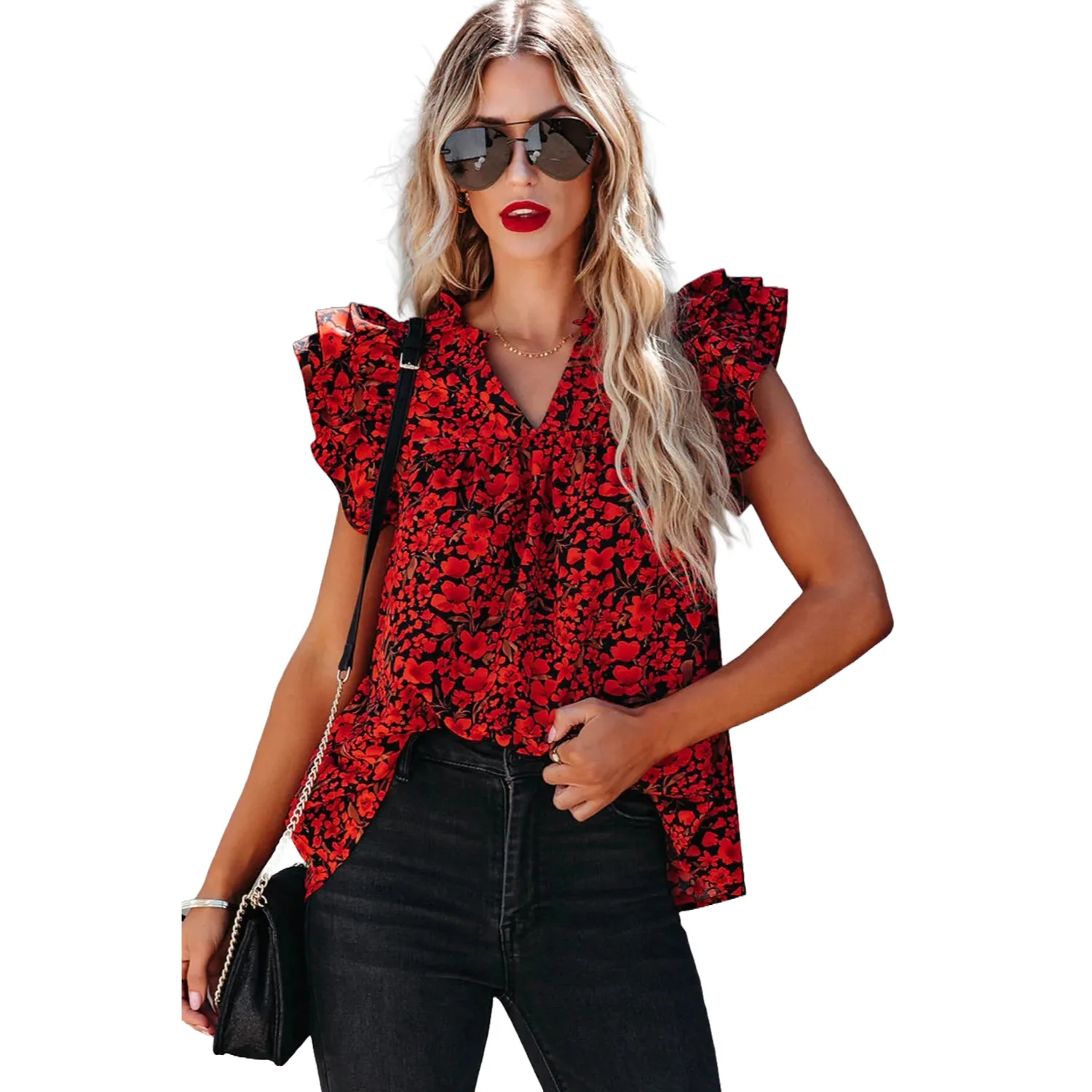 Women's Elegant Casual Floral V-Neck Ruffle Blouse Top for Summer-Red