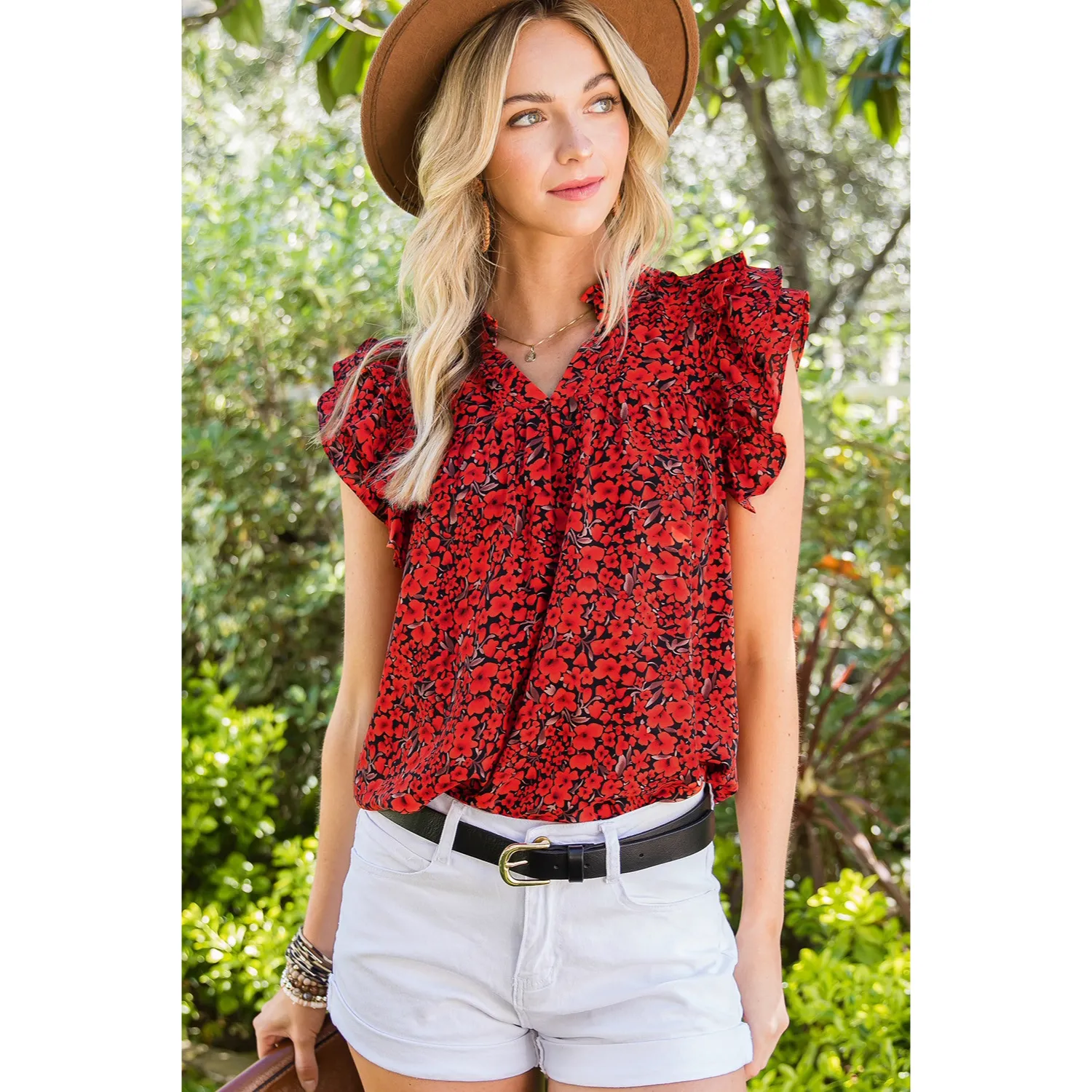 Women's Elegant Casual Floral V-Neck Ruffle Blouse Top for Summer-Red